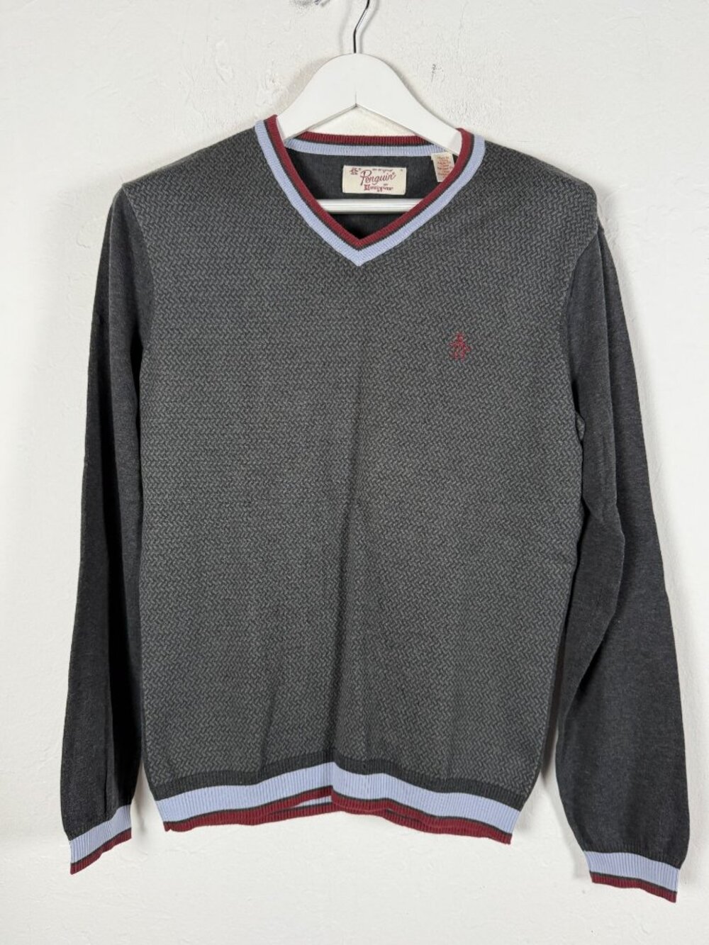 Original Penguin Men's Gray V-Neck Sweater Herringbone Striped Trim Size Medium